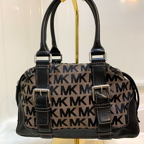SOLD! MICHAEL KORS Black & White Signature Canvas Buckle-Trimmed Satchel - Picture 11 of 13